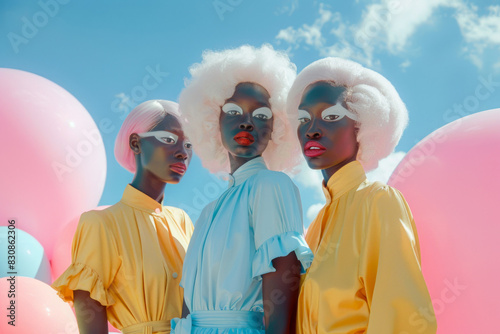 Outdoor portrait of three beautiful models with creative makeup in bright dresses.
