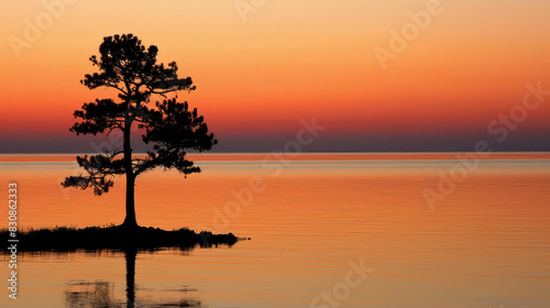 A scene with a solitary tree on a small island surrounded by ocean during sunset
