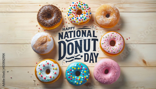 Celebrate National Donut or doughnut day, sweet retreat snack, happiness through dessert party, dairy bakery food for life event