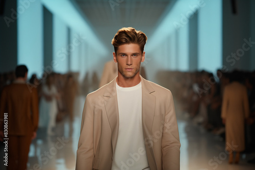 Male model walks the runway a Fashion Show. Fashion catwalk event showing new collection of clothes. 