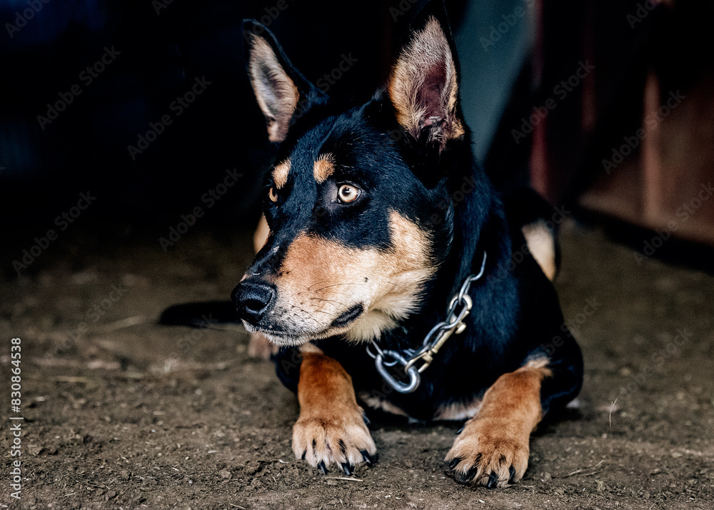 Lone kelpie with chain collar lying on dirt floor Lone kelpie with chain collar lying on dirt floor