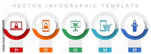 Online store icon set, miscellaneous vector icons such as customer service, seminar, cart and learning, modern design infographic template, web buttons in 5 color options