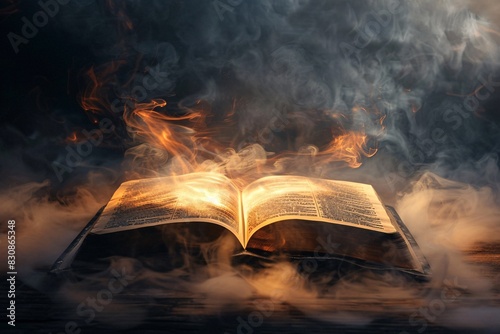 an open book with flames coming out of it photo