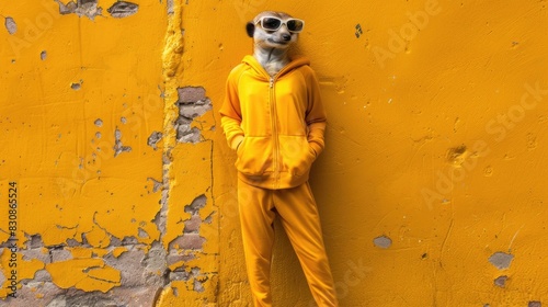 a meerkat dressed in a tracksuit, sporting an exquisite outfit as it stands confidently on both legs, showcasing a delightful blend of whimsy and style.