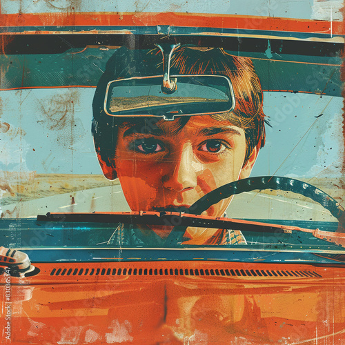 retro illustration of a vintage car interior showing eyes of a young boy in rare view mirror and car from different direction can be seen from wind screen 