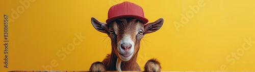 A goat with a skateboard and a backwards cap on a yellow background