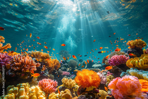 Colorful coral reef teeming with various fish species under the bright sunlight  representing marine biodiversity. World Ocean Day.