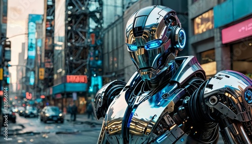 A high-tech robot with glowing blue eyes stands in a modern city street, representing advanced technology and artificial intelligence in an urban setting. The image showcases futuristic innovation and