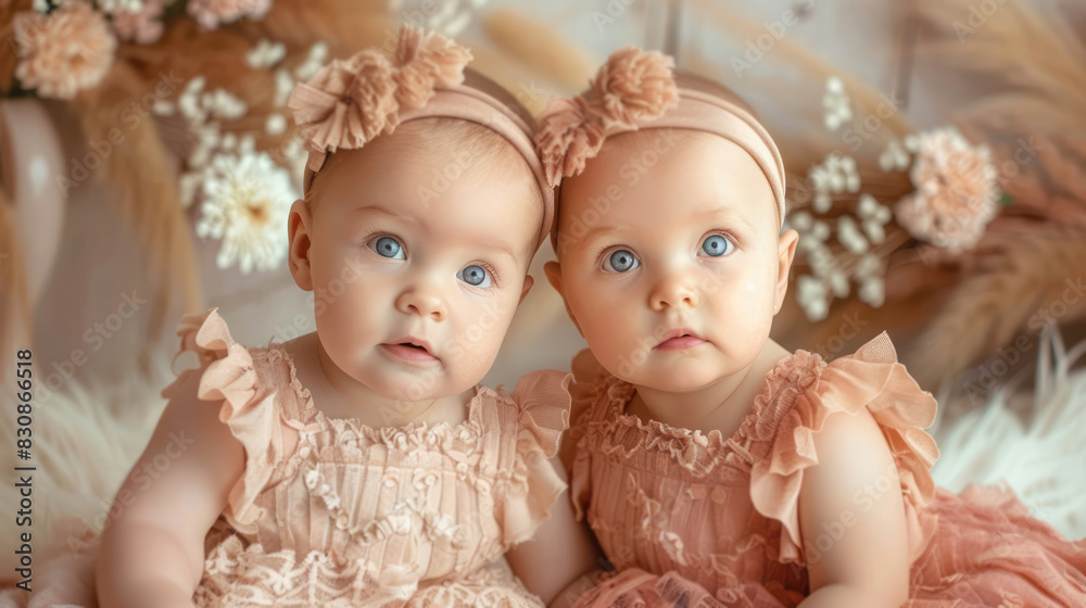 Adorable twin babies in peach outfits with floral background look warm and happy