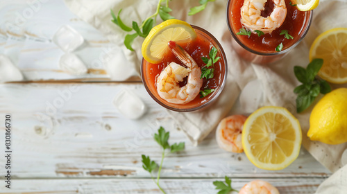 Tasty shrimp cocktail with sauce in glasses and lemon