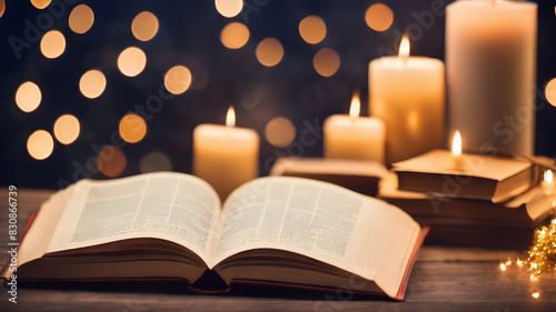 Wallpaper Mural glowing light from candles. an open book. Conceptual image with dry tree growing from book. AI generated image Torontodigital.ca