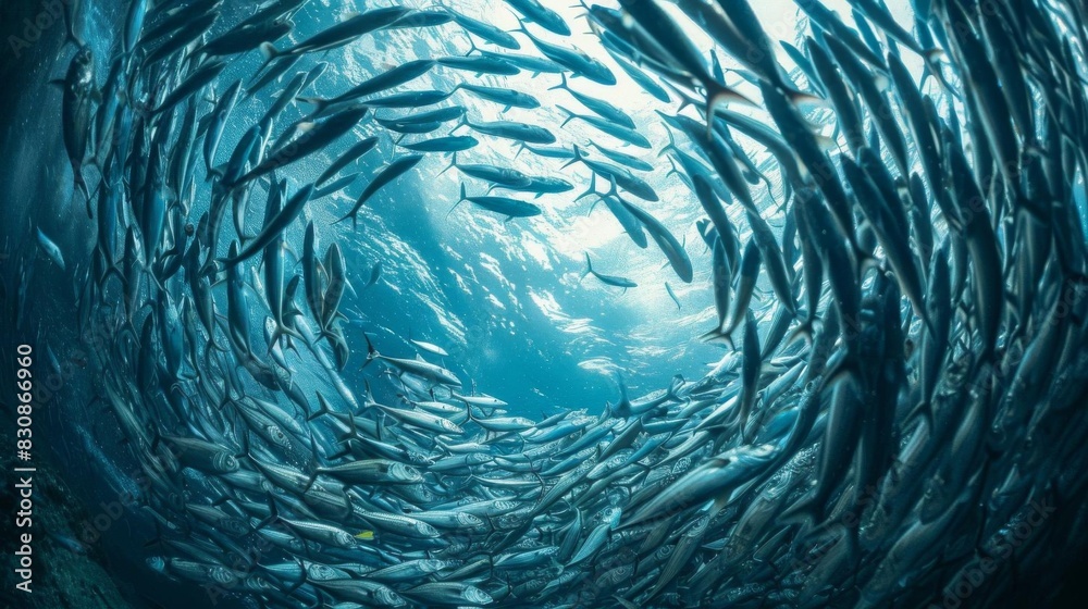A large school of fish swim in a vortex in the ocean. A large school of fish swim in a vortex in the ocean.
