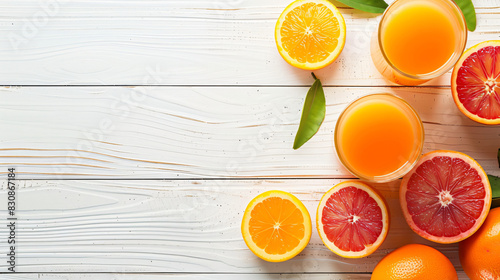 Tasty sicilian orange juice and fruits on white wooden