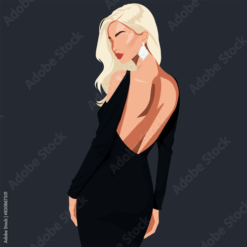 Vector flat fashion illustration of a young sexy blonde woman in an elegant backless dress. Back view. 
