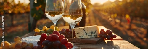 Elegant wine tasting setup in an old vineyard, with glasses of red and white wine, grapes, and aged cheeses on a wooden table, bathed in the golden hour light, ai generated