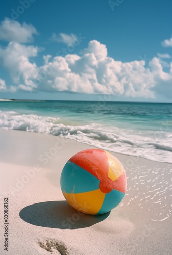 Colorful beach ball lying on the white sand of an empty tropical sandy shore with gentle waves lapping at its edge under a bright blue sky.