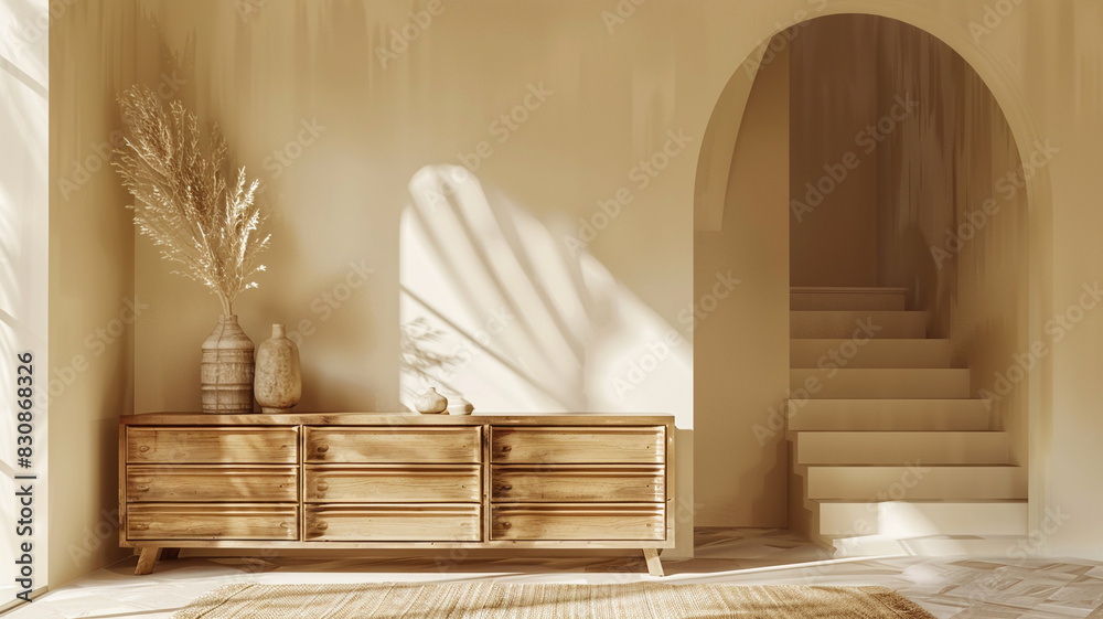 A Scandinavian wooden dresser in the style of minimalism home decor mockup, A beige wall with a decorative arch and staircase in the background
