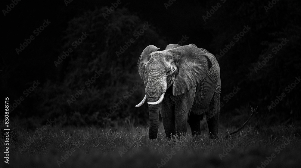 Obraz premium A black and white of an elephant standing in the dark