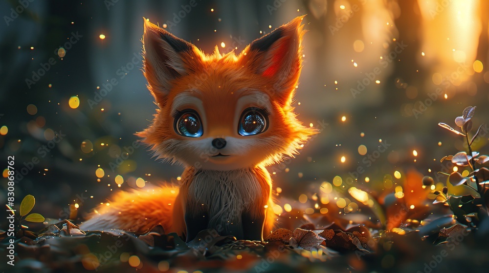 Chibi Big-Eyed Fox in Lush Rainbow Forest Setting Chibi Big-Eyed Fox in Lush Rainbow Forest Setting