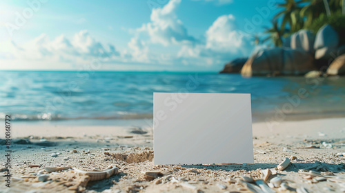 a blank white card mockup on beautiful beach