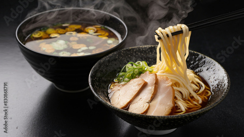 A Bowl of Tsukemen Broth with Perfectly Cooked Ramen Noodles photo