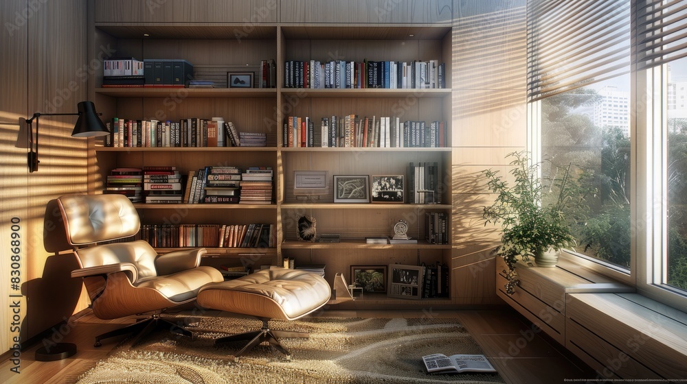 Fototapeta premium minimalist reading nook adorned with a stylish armchair, a sleek modern lamp, and a wall-mounted shelf, a selection of books, inviting you to escape into the world of literature with comfort or style.