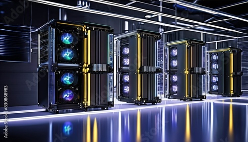 A row of high-tech computer server racks in a modern data center  featuring reflective surfaces and futuristic lighting.. AI Generation