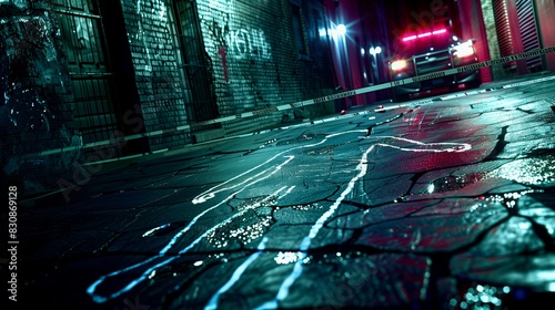 A dark, rainy alley with a chalk outline on wet pavement, police tape, and flashing lights from a nearby police car, indicating a crime scene.
