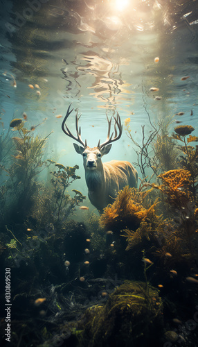 A deer with antlers swims through a kelp forest with sunbeams shining down.