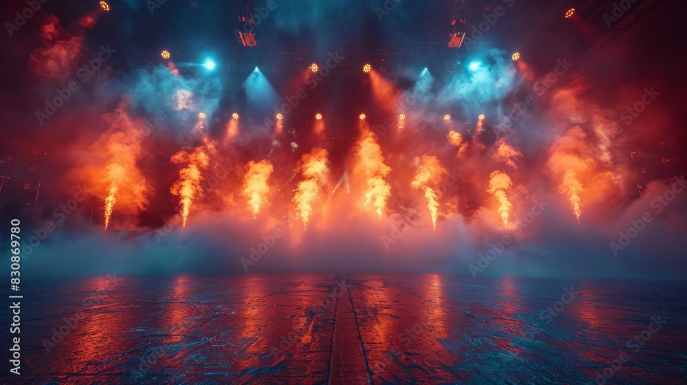 © familymedia - Intense pyrotechnic display at a live concert, with vibrant flames shooting into the air on a stage © familymedia - Intense pyrotechnic display at a live concert, with vibrant flames shooting into the air on a stage