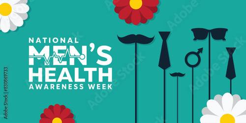 National Mens Health Awareness Week. Mustache, glasses, tie and flower. Great for cards, banners, posters, social media and more. Green background. 