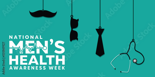 National Mens Health Awareness Week. Mustache, glasses, tie and stethoscope. Great for cards, banners, posters, social media and more. Green background.  photo
