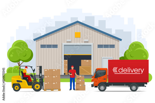 Isometric Large modern warehouse with forklifts and truck. Warehouse, shipment of goods carried out with a forklift