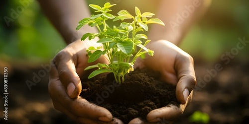 Closeup of hands holding small plant in fertile soil promoting environmental sustainability. Concept Environmental Sustainability, Closeup Photography, Hand holding Plant, Fertile Soil, Green Living photo