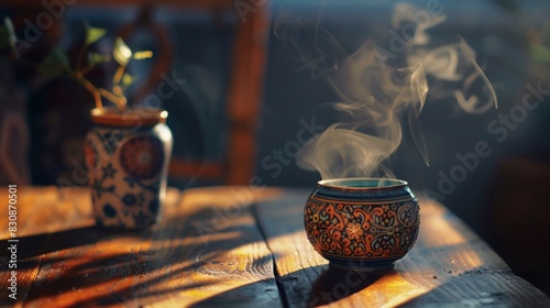 A cup of tea is sitting on a wooden table with autumn leaves scattered around it