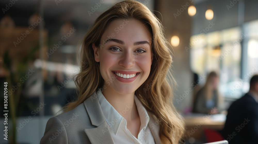 Beautiful business girl in a suit smiles. Against the background of the office Beautiful business girl in a suit smiles. Against the background of the office