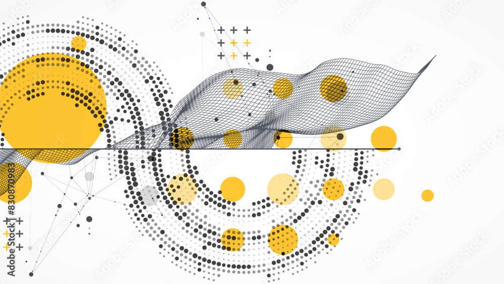 Obraz premium The abstract wave is made in a frame style with half tone element. Template for science and technology presentation. Hand drawn vector art.