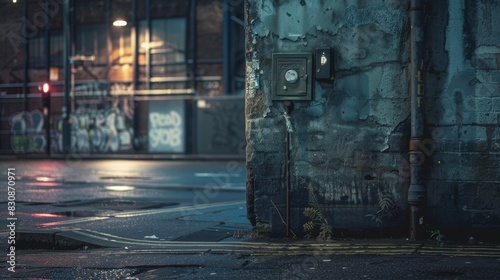 A dark alley with graffiti on the wall and a street light in the background