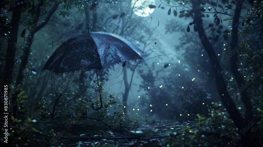 A dark forest with a path and a black umbrella