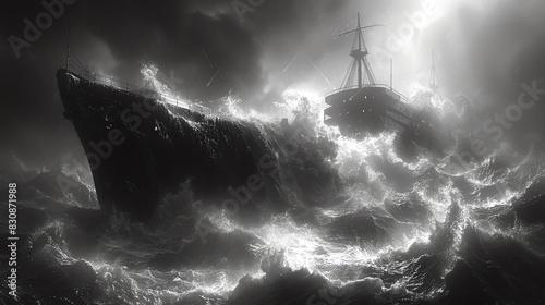 A ship battles a raging storm in a dramatic black and white photograph. photo