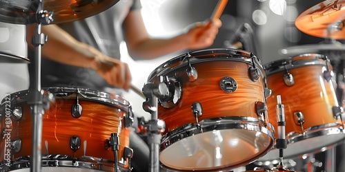 Closeup of a musician playing drums with drumsticks during a rehearsal. Concept Musician, Playing Drums, Drumsticks, Rehearsal, Closeup