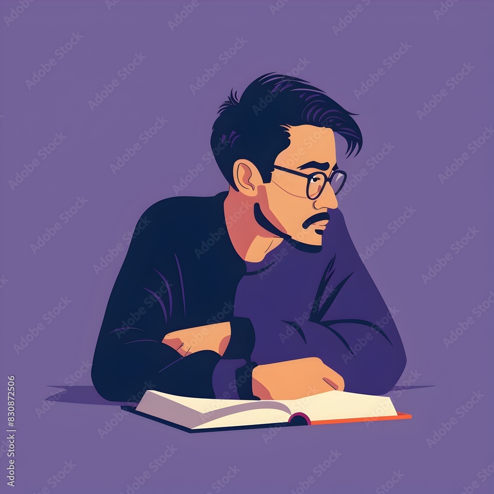 Pensive Scholar Deeply Engrossed in a Book Contemplating and Studying in a Minimalist Workspace Pensive Scholar Deeply Engrossed in a Book Contemplating and Studying in a Minimalist Workspace