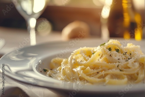 Michelin starred and Italian Fettucini Alfredo premium  at fine dining restaurant, cinematic food photography