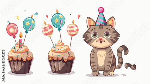 Cute cartoon cat with a cupcake with a candle. Festive