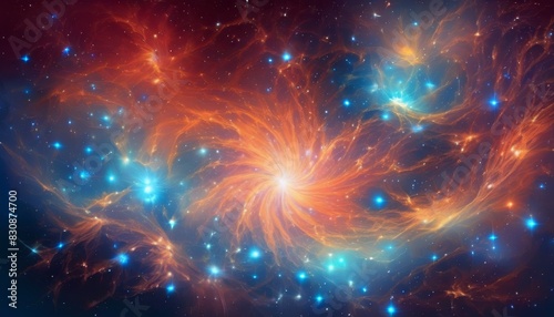 Vivid digital artwork depicting a sprawling cosmic nebula, blending fiery oranges and icy blues among swirling star formations.. AI Generation photo