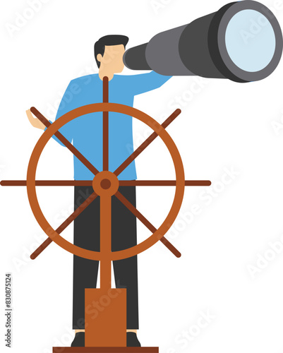 Business leadership and visionary to lead company success, career direction or work achievement concept, smart businessman boat captain control steering wheel helm with telescope vision.

