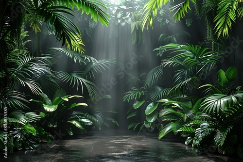 Sunlight beams through dense tropical foliage  illuminating a path in a lush jungle.