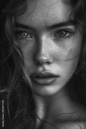 Portrait of a woman with freckles, versatile image for various projects