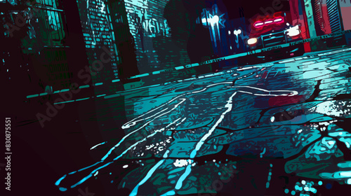 A dark, rainy alley with a chalk outline on wet pavement, police tape, and flashing lights from a nearby police car, indicating a crime scene.