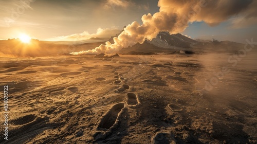 A desolate landscape with a volcano in the background photo